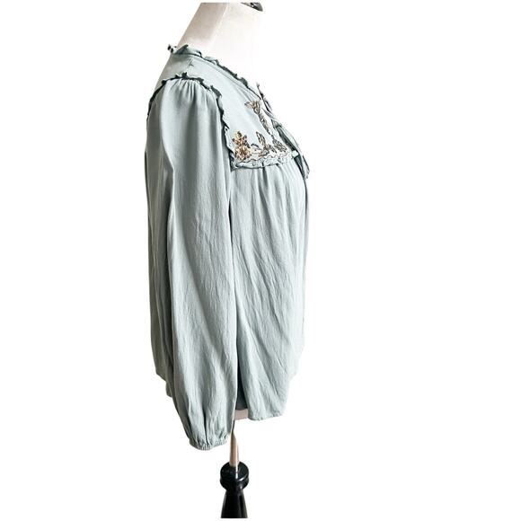 Lauren Conrad Bohemian Long Sleeve Top Size Medium Sage Green Floral Sequins - Picture 6 of 9